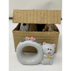 24 White Porcelain Teddy Bear Pink Roses Napkin Rings NEW in Box Set